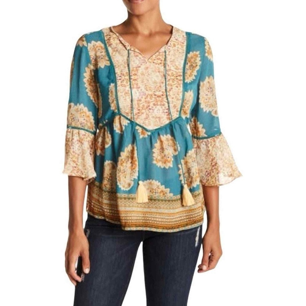 Vintage America Blues Sheer Floral Flutter Sleeve Blouse